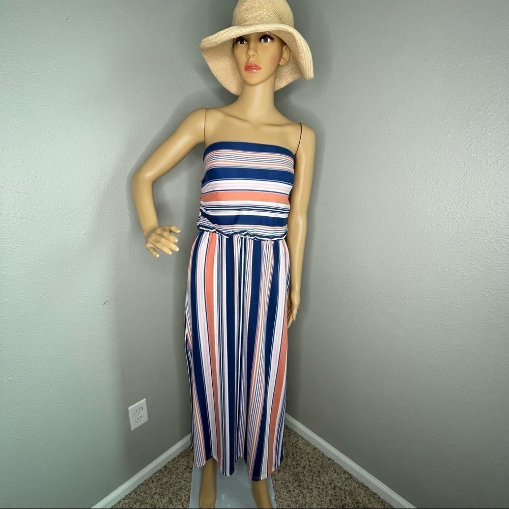 Full Circle Striped Strapless  Women’s Maxi Dress Blue Orange White Pink Large